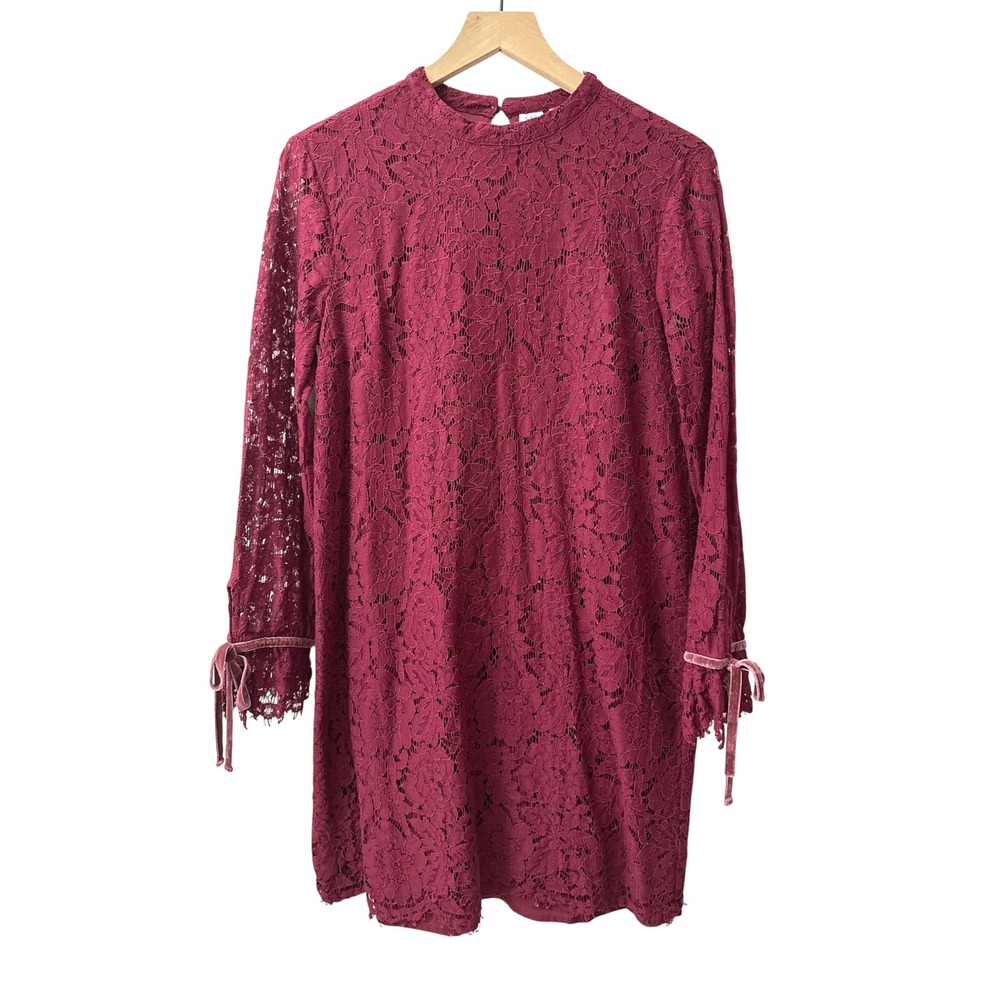 GAP Lace Shift Dress 4 Burgundy Velvet Bow Cuff Mock Neck Holiday Cocktail Party